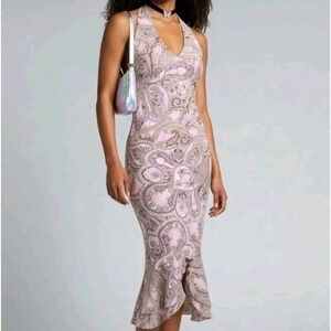 Vintage Heart Moon Star Y2K Halter Dress Ruffle Paisley Midi Stretch Size S